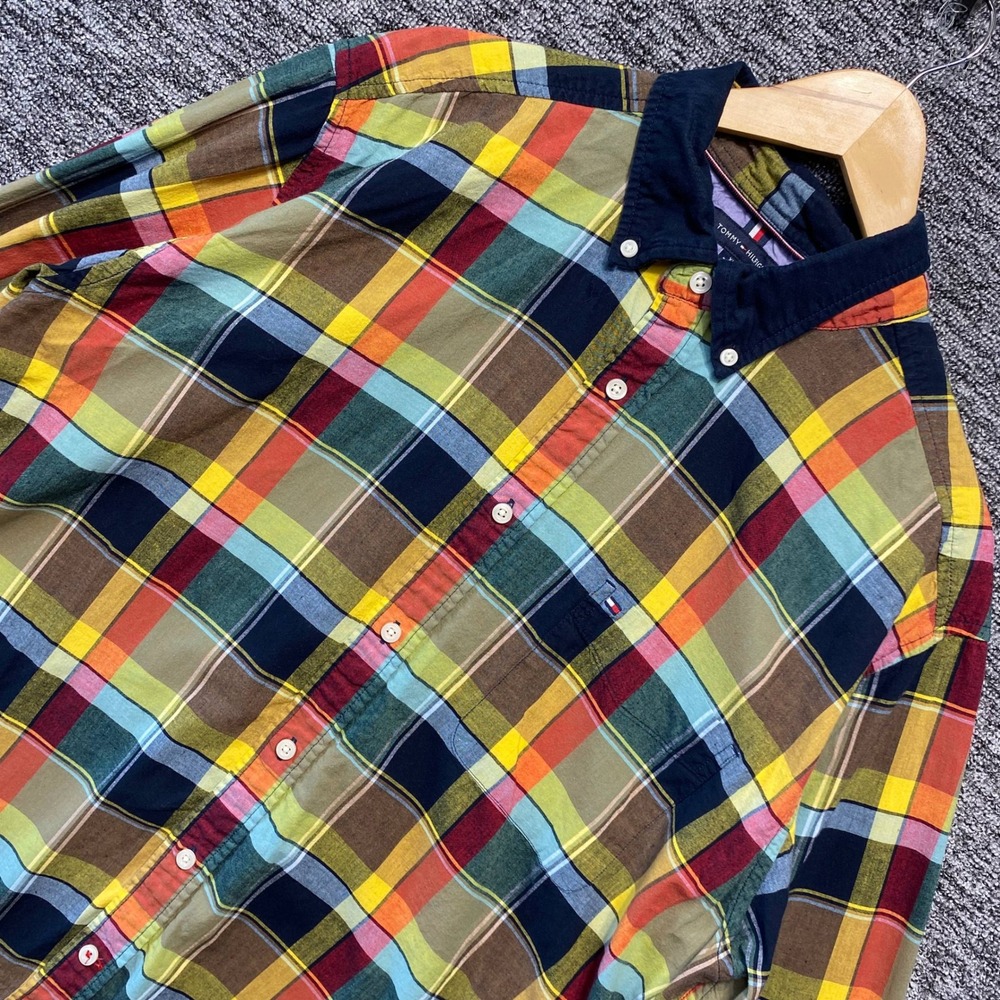 Tommy Hilfiger Shirt Mens XL Madras Plaid Corduroy Collar Button Up Long Sleeve